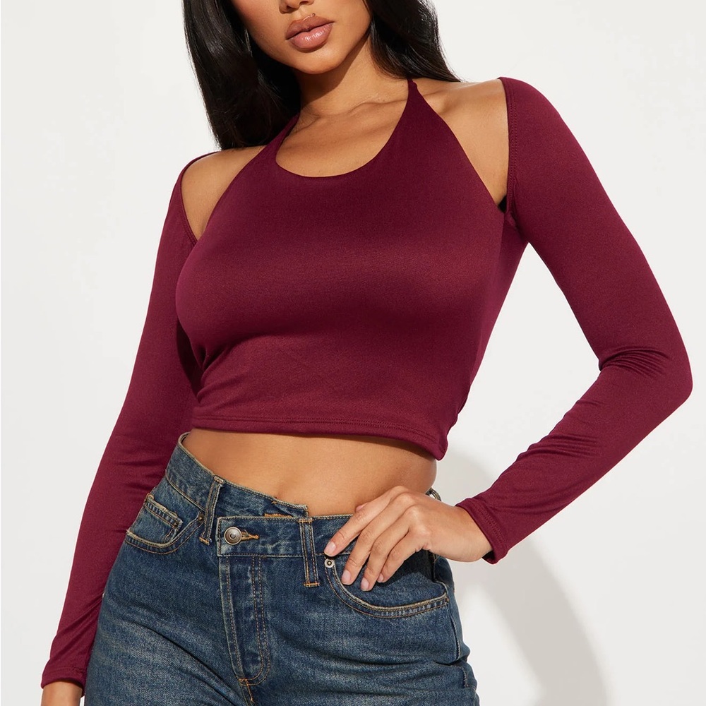 Women's Burgundy Halter Long Sleeve Crop Top